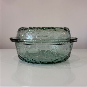 VTG Libbey Orchard Fruit Green Glass Round Casserole Baking Dish + Lid